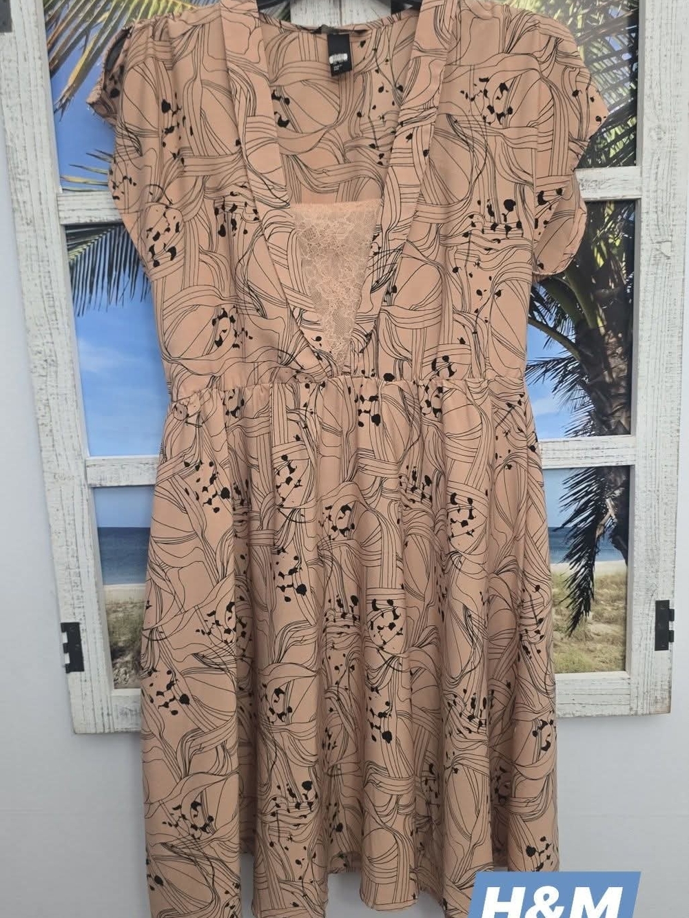 H&M Beige Pink Mini Dress with Black Abstract Print